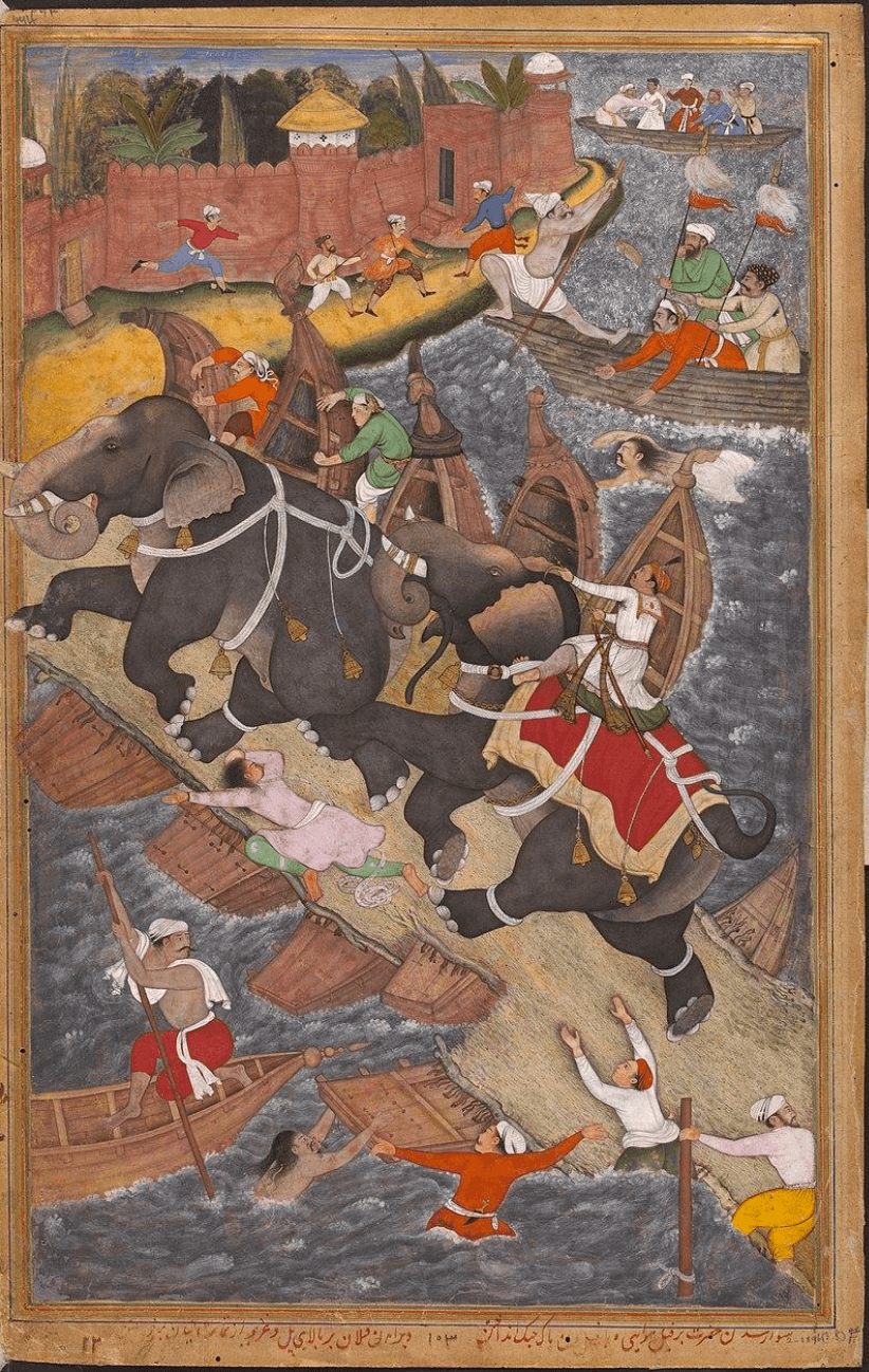 Akbar restraints Hawa’i by Basawan and Chatar ; 1590