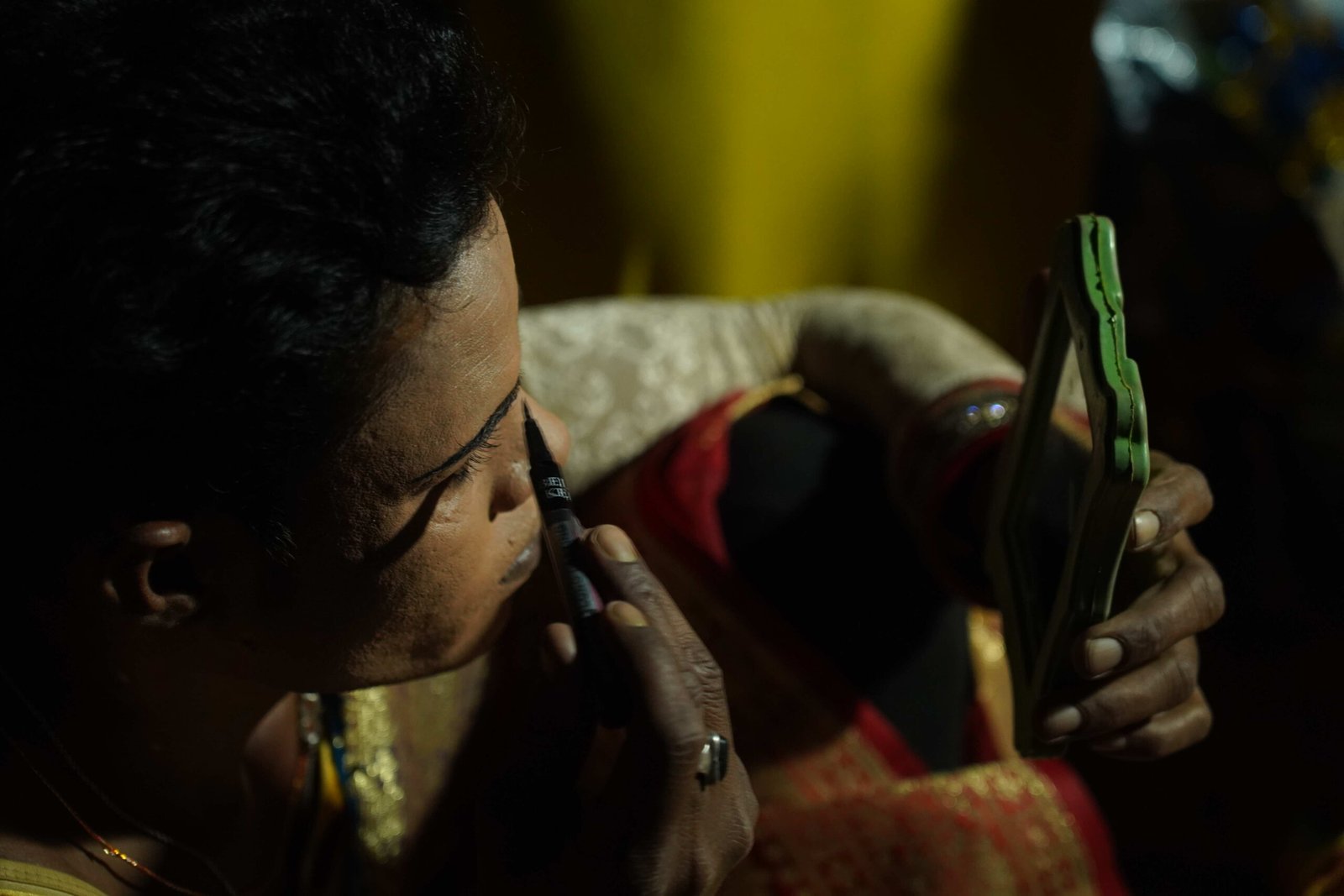 Chhau artist preparing backstage before performance