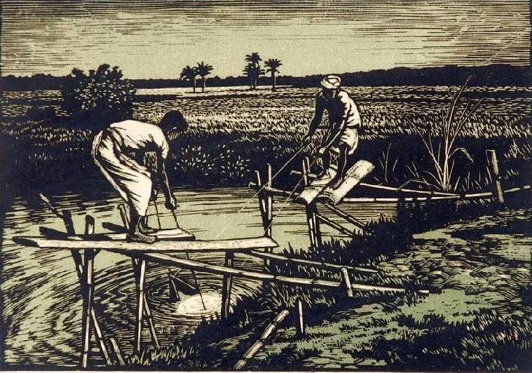 Printmaking in India: History, Techniques, and Cultural Legacy 6 Haren Das, ‘watering contrivance’,1950, Colour wood engraving on paper, 15X23cms