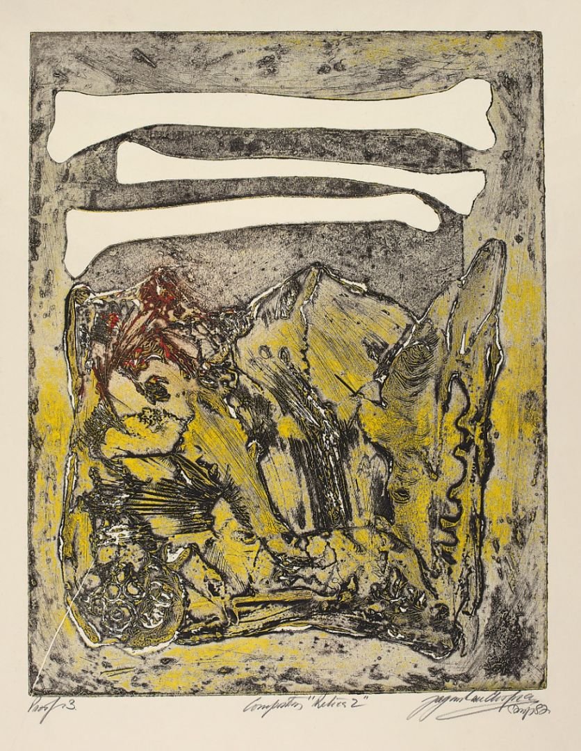 Printmaking in India: History, Techniques, and Cultural Legacy 1 Jagmohan Chopra Composition Relics 2 year 1987 size 19.7 x 15.5 in. : 50.0 x 39.4 cm. medium Collograph Dag World