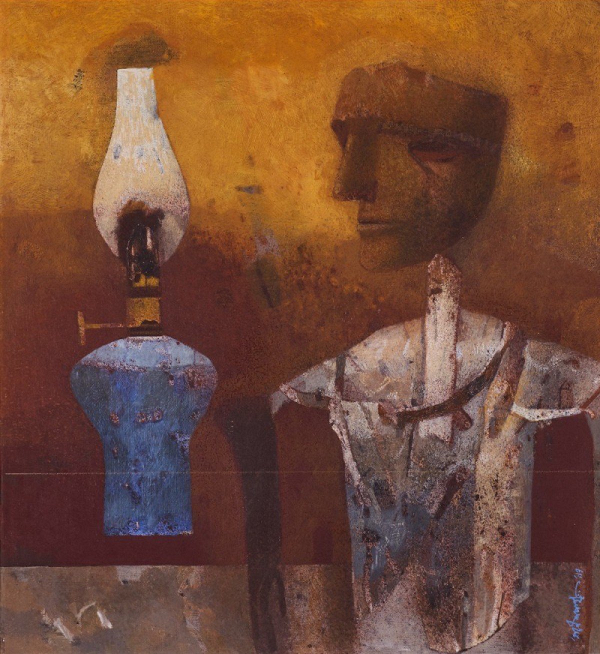 Lamp and the Effigy , Tempera on Canvas laid on Card , 19.5 x 17.8 inches