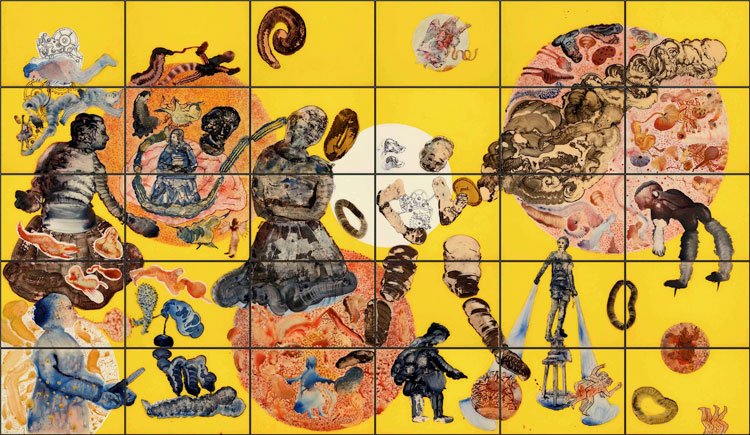 Nalini Malani, Cassandra, 2009. Thirty panel reverse painting on acrylic sheet, overall size 228 x 396 cm. Collection Kiran Nadar Museum of Art, New Delhi. Photo Anil Rane © Nalini Malani