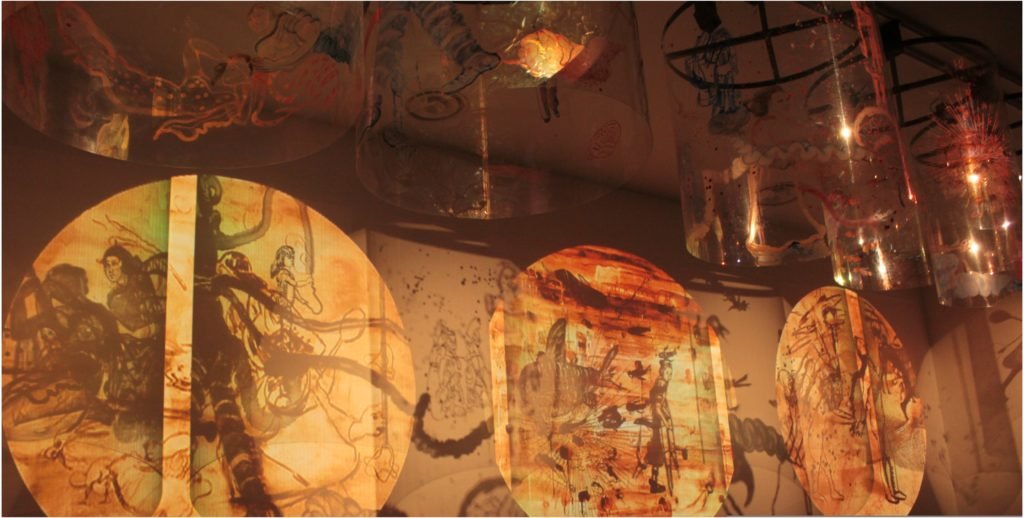 Nalini Malani and the Formation of a Feminist Visual Language 4 Nalini Malani, Remembering Mad Meg, 2007 – 2011, Three channel video:shadow play with seven rotating Lexan cylinders, Centre Pompidou, Paris, France