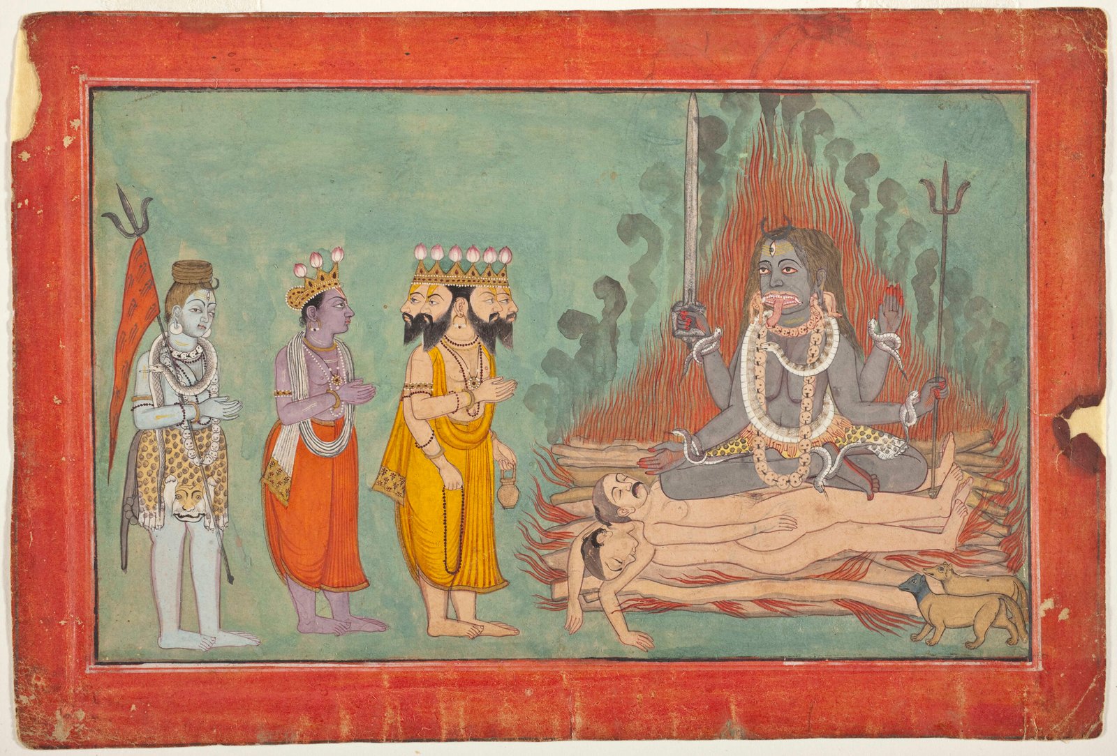 Shiva, Vishnu, and Brahma Adoring Kali, ca. 1740, Basohli