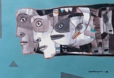 Faces-in-tarquish-background-Paintings-of-artist-Mihir-Kayal
