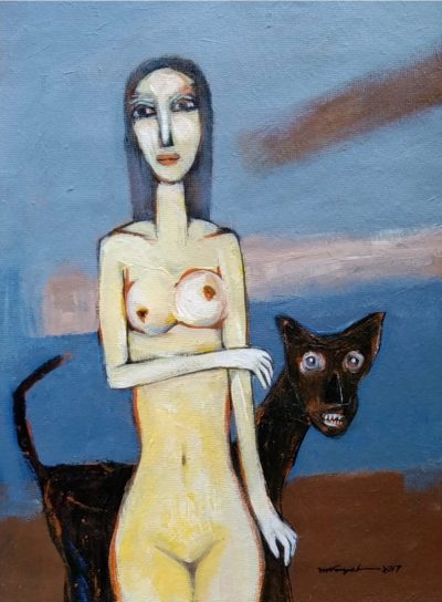 Lady-and-cat-Paintings-of-artist-Mihir-Kayal